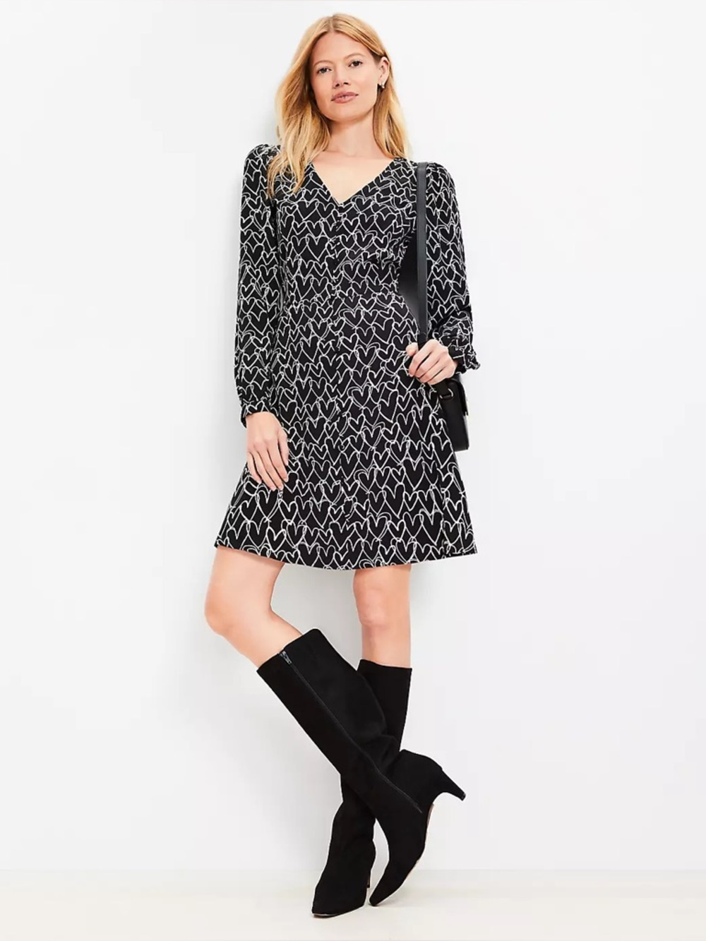 EUC LOFT Black Dress White Heart Print Long Sleeve Short Skirt w/ Buttons Sz 2